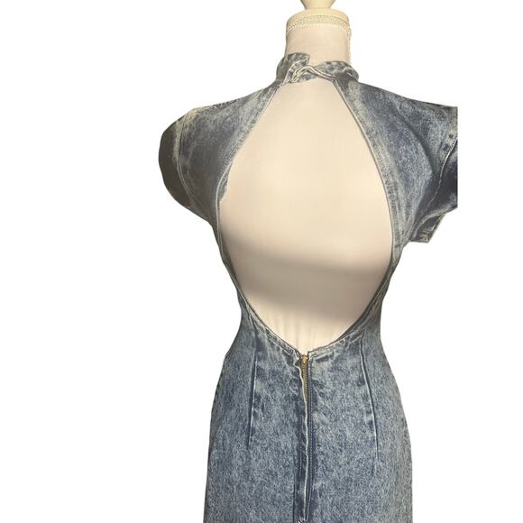 Vintage Paris Blues 90s Stonewashed Mock Neck Bodycon Backless Midi Dress - Picture 4 of 12